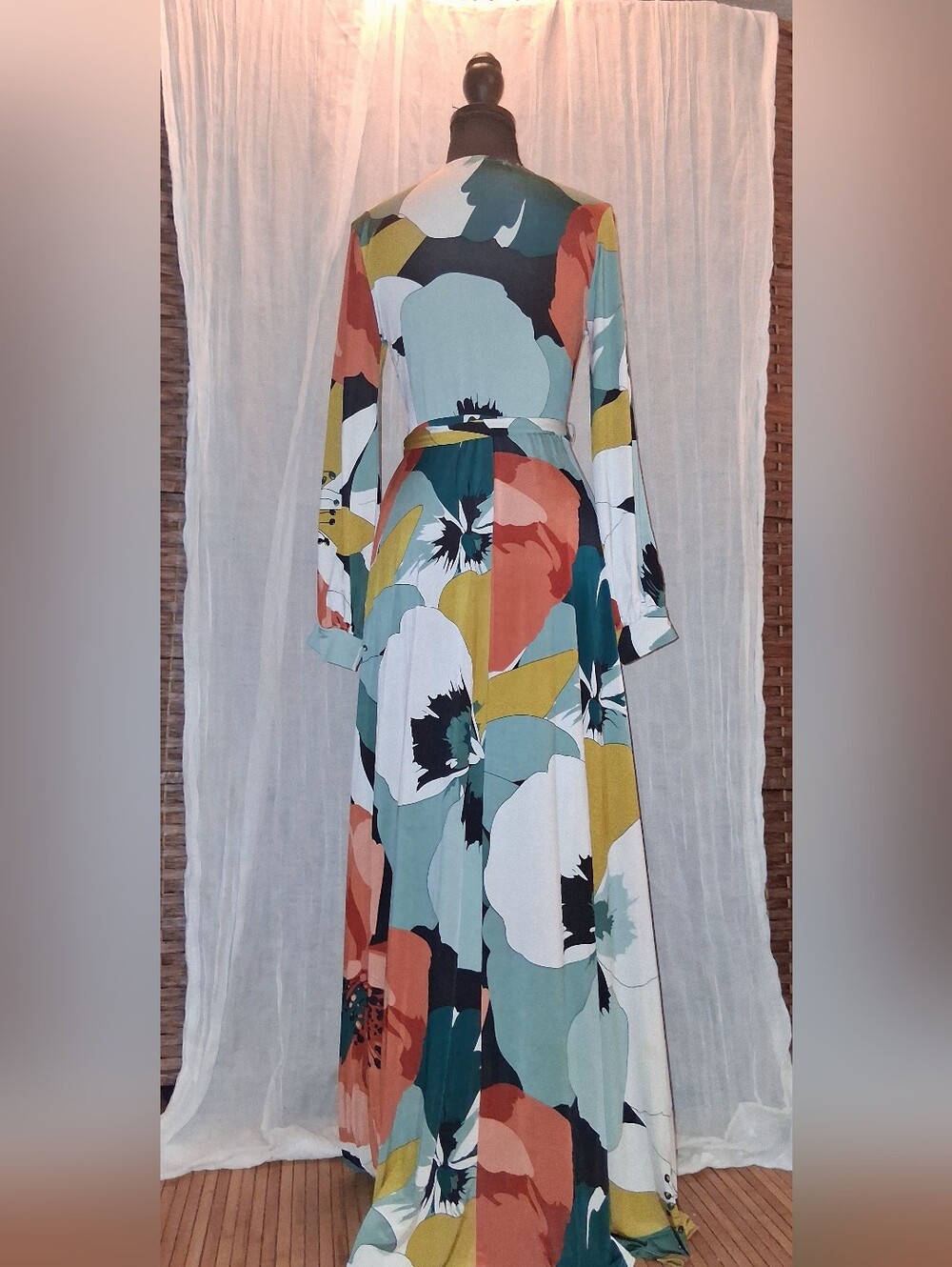 Floral V-Neck Long Sleeve Maxi Dress in Teal & Coral - Picture 3 of 7